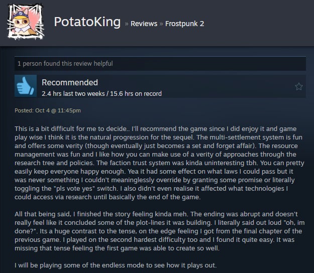 Imagem do artigo intitulado Frozen City Builder Frostpunk 2, conforme contado pelas avaliações do Steam